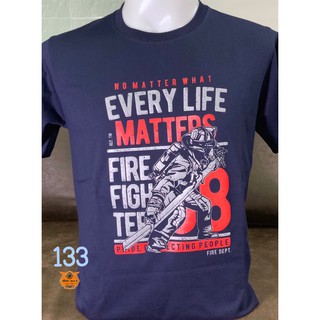 เสื้อยืดคอกลม สีน้ำเงิน สกรีนลาย Fire