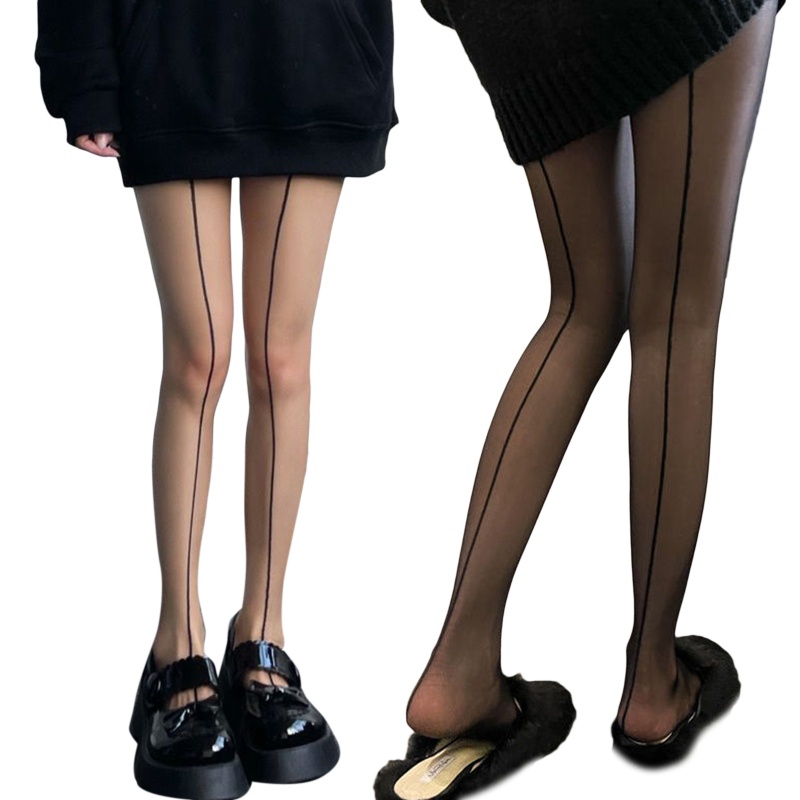 Fa ผู้หญิง Retro ดูผ่าน Pantyhose ตะเข็บเดียวแนวตั้งลายกุ้งสาย Sheer Tights Silky ถุงน่อง