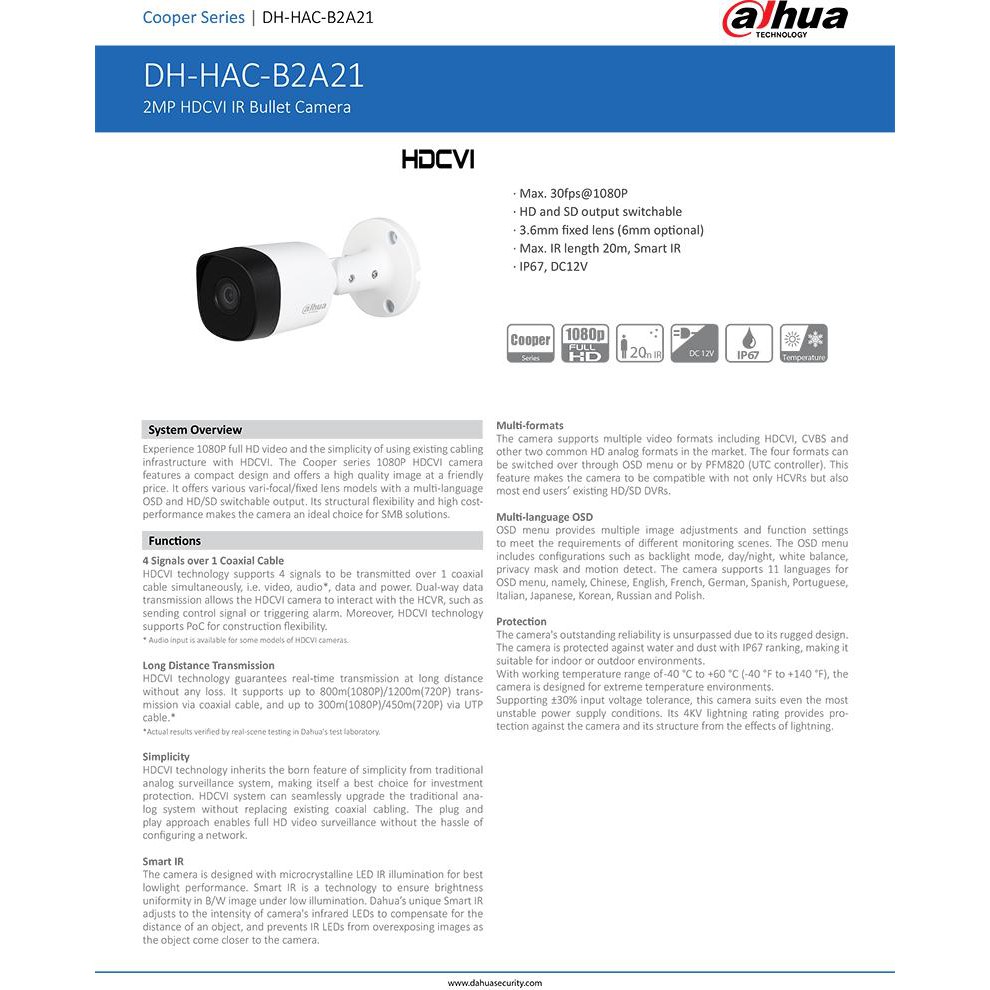DAHUA กล้องวงจรปิด DH-HAC-B2A21P (2.8mm-3.6mm) 2MP HAC-B2A21 บอดี้โลหะ รับประกัน 3 ปี HAC-B2A21P PACK 4 ตัว