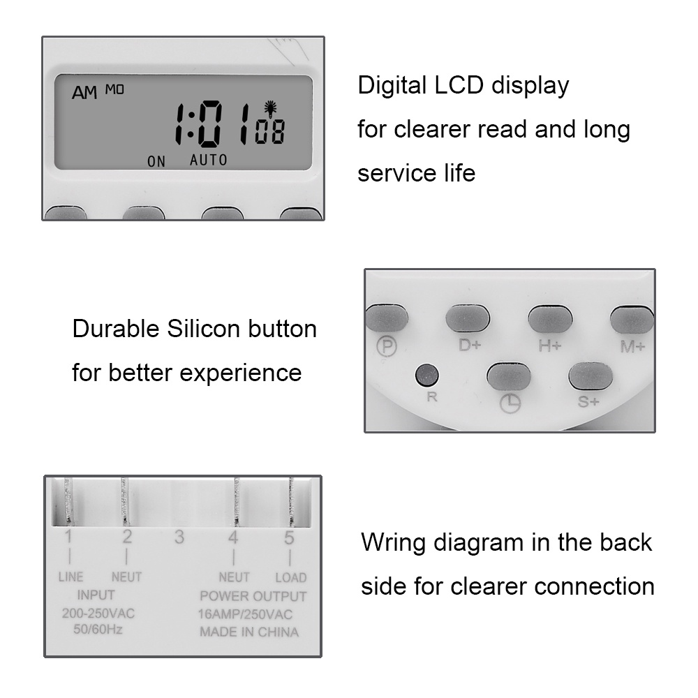 Pcbfun CN101S สวิตช์ตั้งเวลาดิจิทัล LCD ตั้งโปรแกรมอัตโนมัติ พร้อมแบตเตอรี่ในตัว ชาร์จได้ และตัวเชื่อมต่อสายไฟ - รูปที่ 2