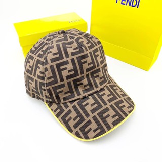 FENDI BROWN &amp; YELLOW FOREVER FENDI FF LOGO MONOGRAM CANVAS BASEBALL CAP หมวกแก๊ปแบรนด์เฟนดิ ลายปริ้นท์ตัวหนังสือ น้ำตาล