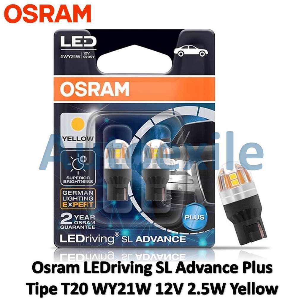 Osram LED T20 WY21W WX3x16d 12V สีเหลือง Original ไฟเลี้ยวรถแบนปลั๊ก 2 สาย