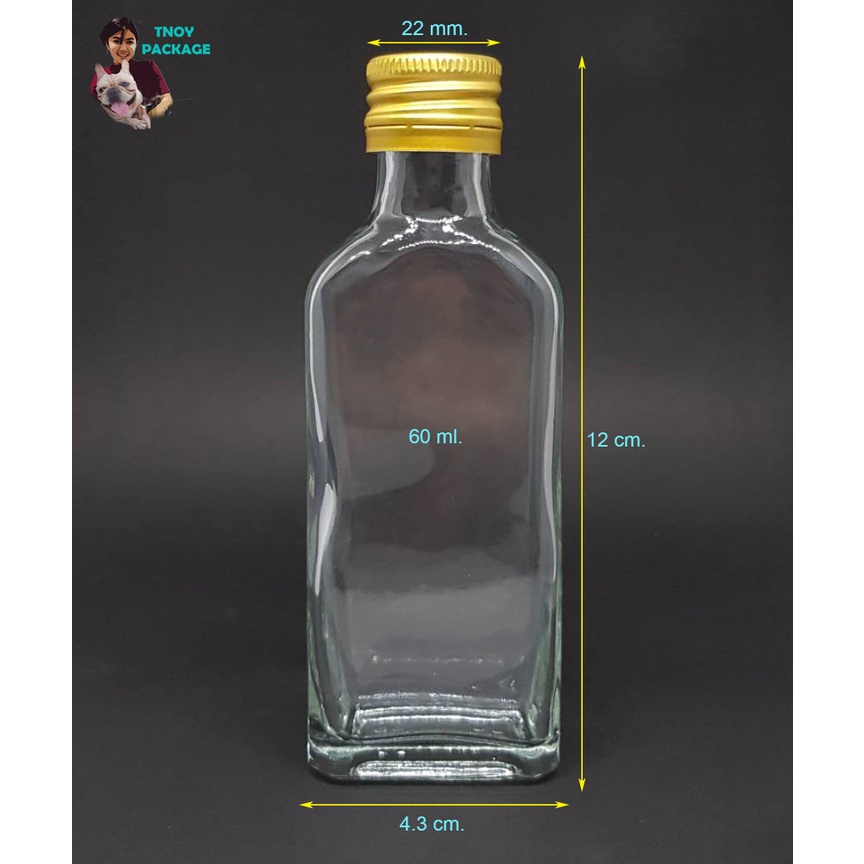 ขวด 60 มล. (12ใบ) ขวดแก้วแบน 60ml ขวดแก้ว ขวดใสแบนขนาด 60cc + ฝาโลหะ ฝาพลาสติก