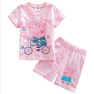 Peppa Pig 2 ชิ้น ชุดนอนเด็กผู้หญิง ชุดนอนเด็ก เสื้อแขนสั้น + กางเกงขาสั้น Pjs ชุด