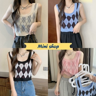 Mini shop🌸พร้อมส่ง🌸 (H310)  เสื้อกล้ามไหมพรม ลายตารางหมากรุกน่ารักสีพาสเทลคื้วเกาหลี