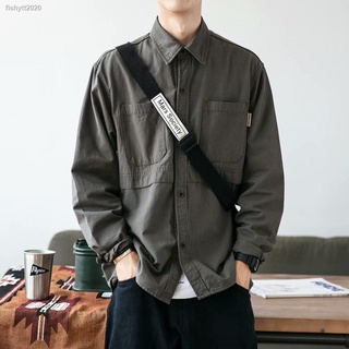 เสื้อคลุมแขนยาวผู้ชาย (สีดำ/เขียว/สีเทา)เสื้อแจ็คเก็ต เสื้อคลุม แนวเสื้อเชิ้ด สไตย์ญี่ปุ่น วินเทจ ไซส์ M-2XL