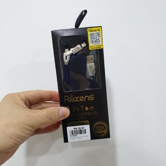 Roxens 2 in 1 RX168QUI QC 3.0 สายชาร์จข้อมูล Type C หรือในภาพ