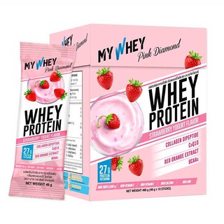 ของดี ราคาถูกMywhey มายเวย์ เครื่องดื่มเวย์โปรตีน รสสตรอเบอร์รี่โยเกิร์ต 490ก