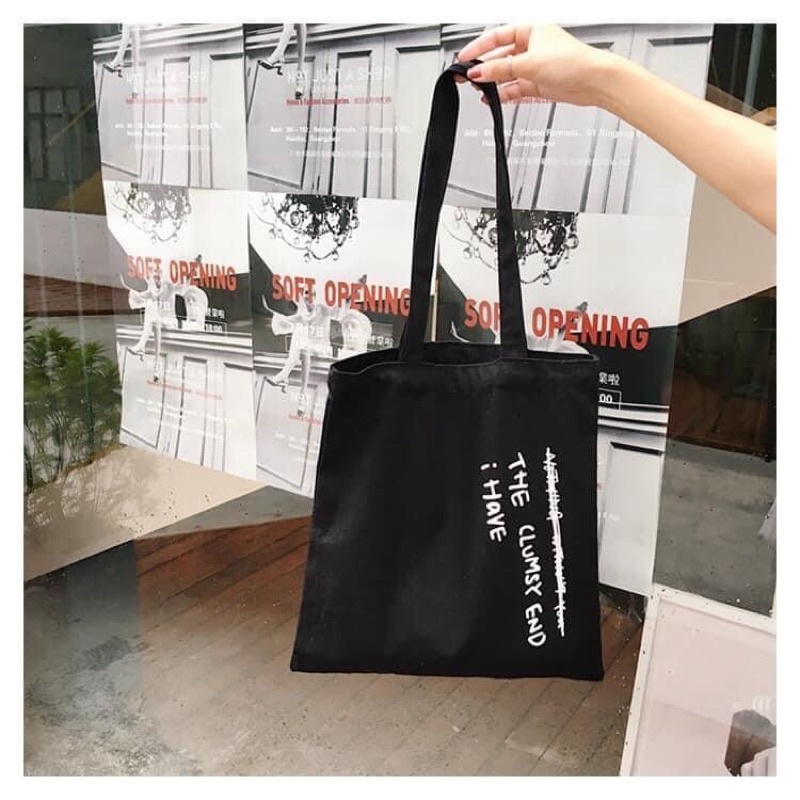 สไตล์เกาหลีเท่ๆ IHave Black Canvas Shoulder Tote Bag มีซิปและช่องเสริม