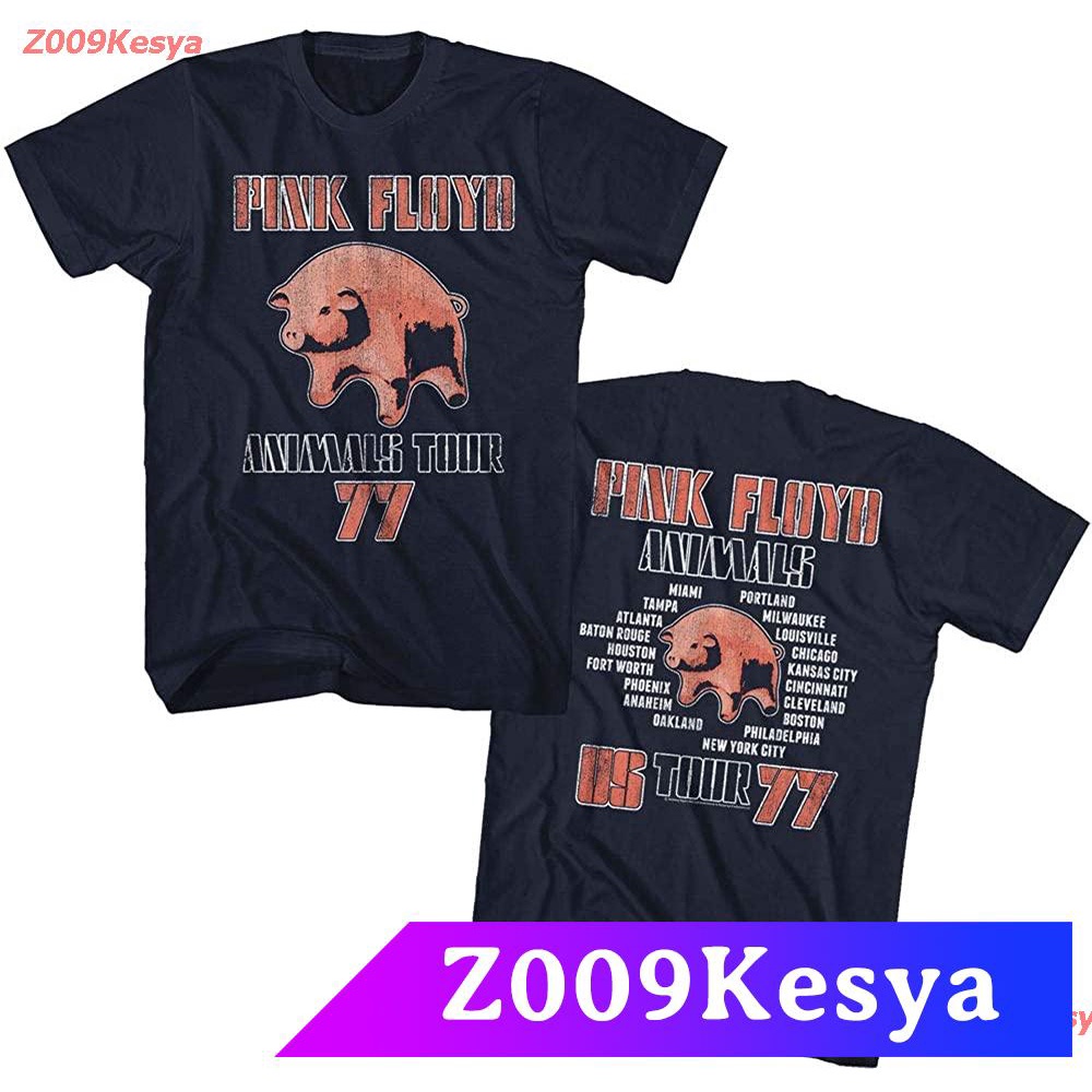 Z009Kesya เสื้อยืดสีพื้นผู้ชาย Pink Floyd T-Shirt Animals Tour 77 Front And Back Navy Tee discount Pink Floyd พิงค์ฟรอยด