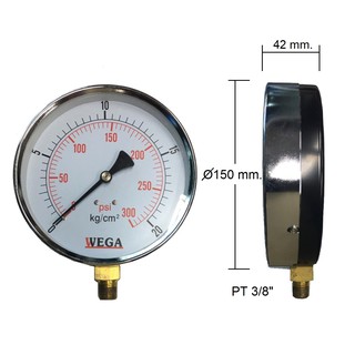 เกจวัดแรงดัน 6" เกลียวล่าง WEGA pressure gauge เหล็ก ขนาดหน้าปัด 6 นิ้ว เกลียว 3/8" ออกด้านล่าง