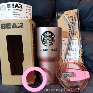 💦🥤แก้วBear สีโรสโกลด์ สกรีนสตาบัค ขนาด30 Oz.🌈แถมฟรี หลอดสแตนเลสพร้อมแปรงล้างหลอด ฝาแก้วน้ำ1อัน ยางรองแก้ว1อัน 🥤💦