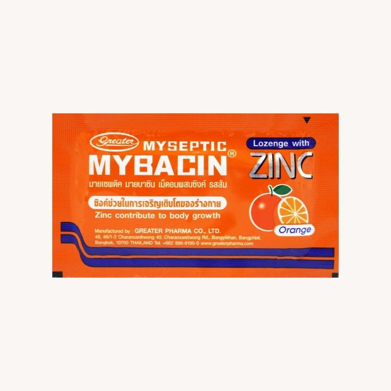 Greater Myseptic Mybacin Zinc Orange 10 Tabs เกร๊ทเตอร์ มายติค มายบาซิน ซิงค์ รสส้ม 10 เม็ด 1 แผง 10 กรัม