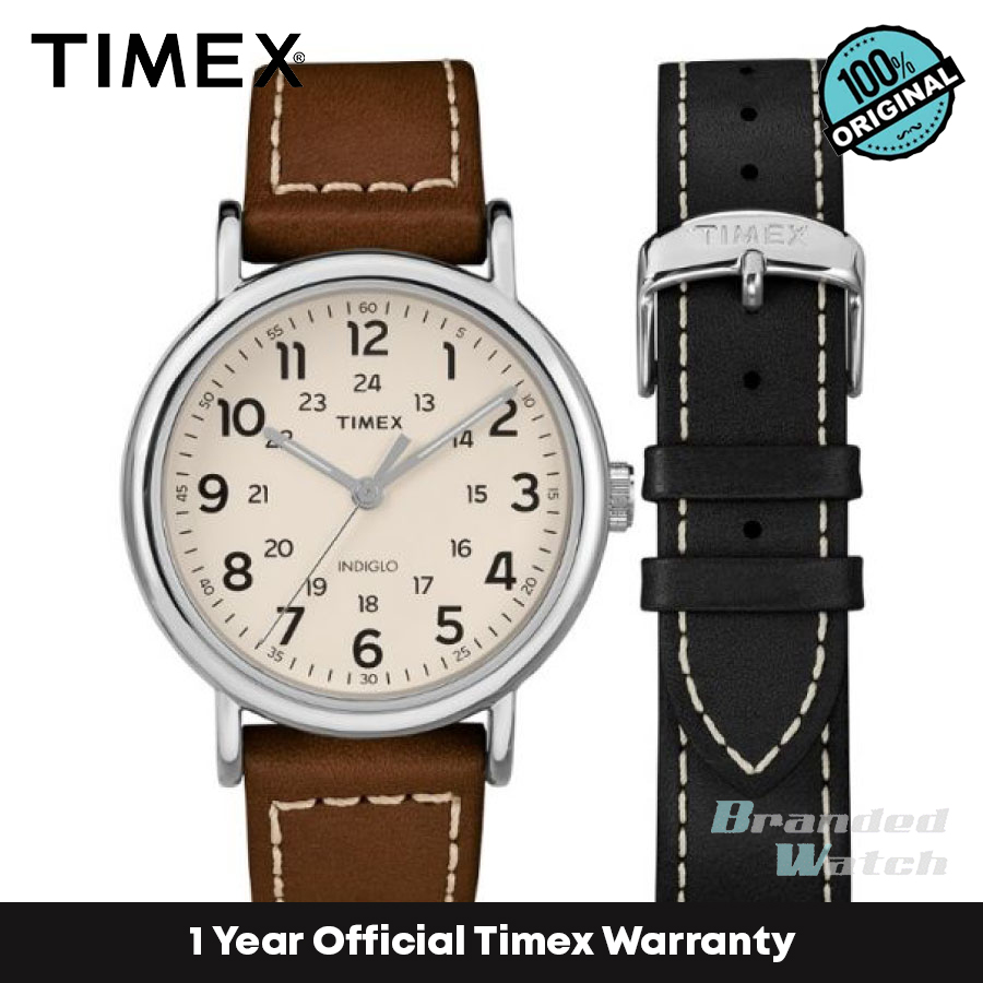 Timex TWG019100 Weekender 40 ชุดนาฬิกาข้อมือ สายหนัง สีน้ําตาล ครีม สองชิ้น สําหรับผู้ชาย