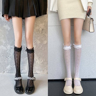 ถุงเท้า jk Lae Lace Lace White Over -The -knee Lolita Mids Stockings Half -High Tube Summer Jk Black