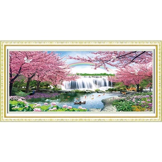 *พร้อมส่ง*ชุดปักครอสติชพิมพ์ลาย วิว น้ำตก ซากุระ (Sakura and deer Cross stitch kit)