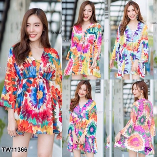 SK11366 Dress เดรสสั้นคอวีโอเวอร์ไซส์ แขนยาว เนื้อผ้าสปันลายมัดย้อม เอวรูดผูกเชือก พร้อมส่ง