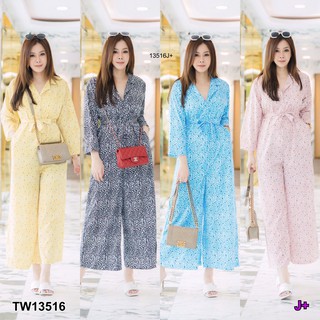 J13516 Jumpsuit จั๊มสูทยาว #สาวอวบ คอปก แขนยาว ขากระบอก