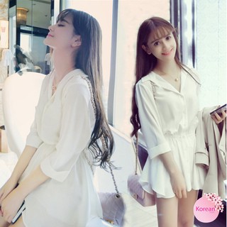 🎀Korean Fashion🎀เดรสเชิ้ตคอปกแขนสามส่วน เอวเป็นสม๊อคยางยืด มีกระดุมหน้า