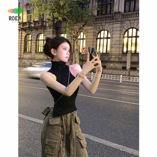 High collar with backless knitwear vest sleeveless sweater slim-fit hot girl lace-up short top summer Black