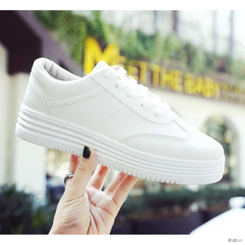 รองเท้าผ้าใบขาวล้วนเสริมส้น หนังนิ่ม ทรงน่ารัก แฟชั่นเกาหลี ใส่ได้ทุกแนว เบอร์ 35-40