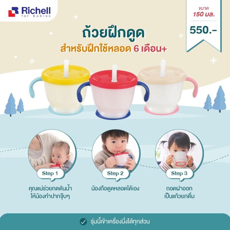 Richell แก้วหัดดื่มอันดับ1ในญี่ปุ่น สำหรับฝึกใช้หลอด 6 เดือน+