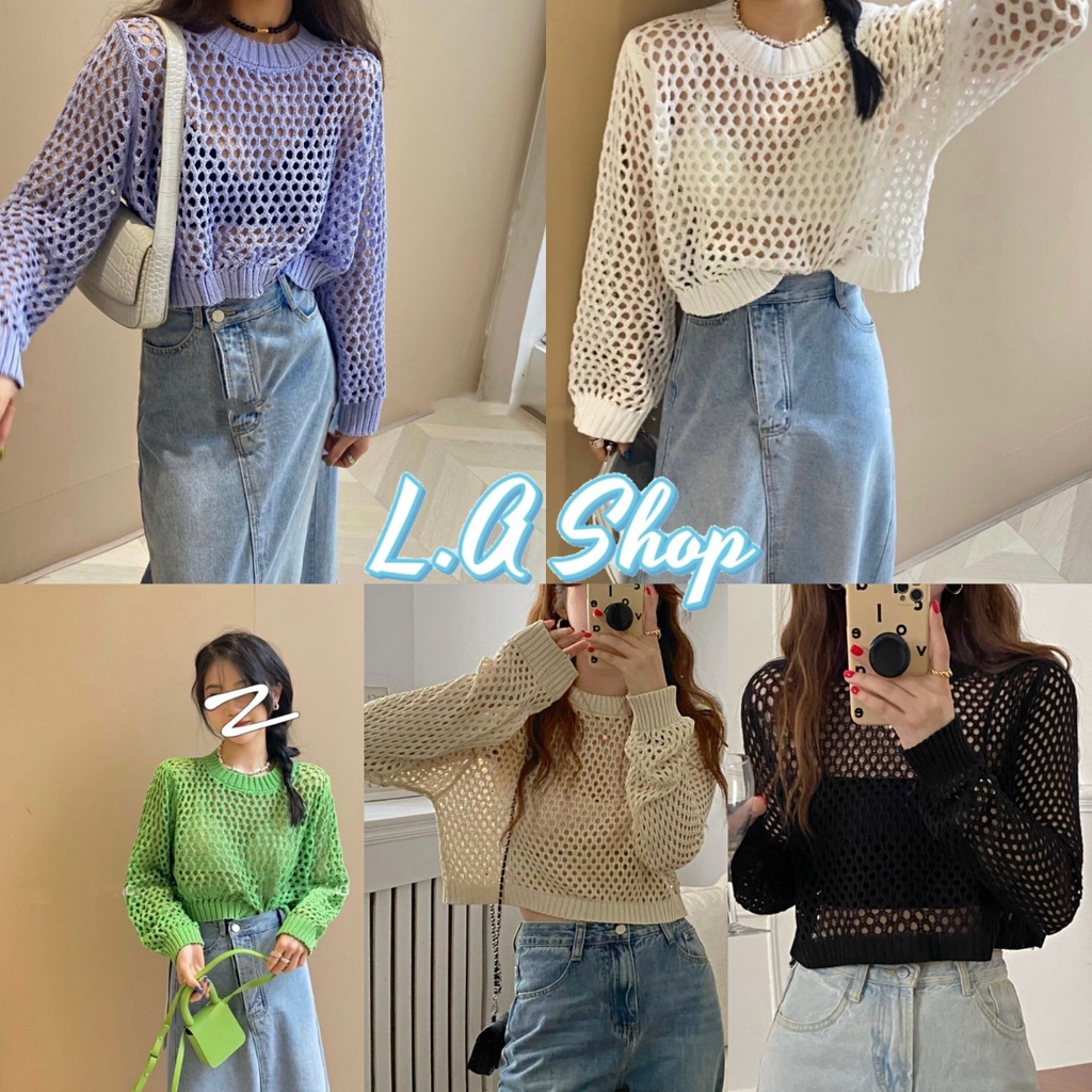 L.A Shop พร้อมส่ง เสื้อไหมพรมถัก แขนยาวซีทรูเบาๆรูระบายตามตัวเก๋มาก "81058"