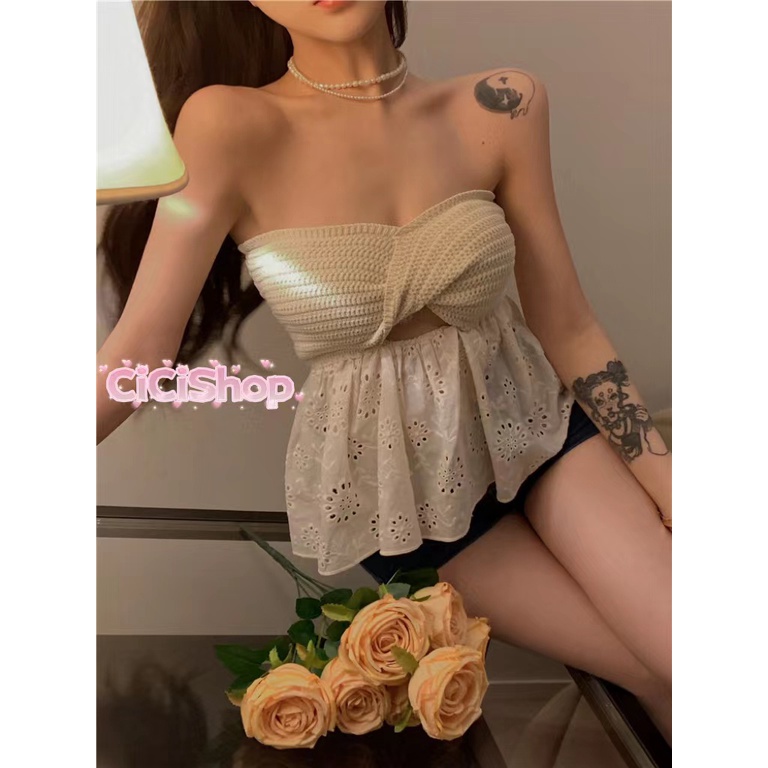 Cicishop(86050)เสื้อเกาะอกไหมพรมดีเทลไขว้ตัดต่อชายผ้าลายฉลุน่ารักกมากกปนความเซ็กเวอร์ปังสุดๆ
