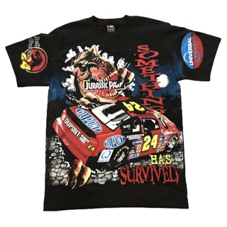 เสื้อการ์ตูน vintage Ovp โอเวอร์ปริ้น JURASSIC PARK NASCAR 90’ Size “L / XL ผ้าฟอก