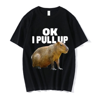 คาปิบาร่า เสื้อยืดลําลอง ผ้าฝ้าย แขนสั้น พิมพ์ลายกราฟฟิค Ok I Pull Up Capybara ทรงหลวม สไตล์ฮาราจูกุ แฟชั่นสําหรับผู้ชาย