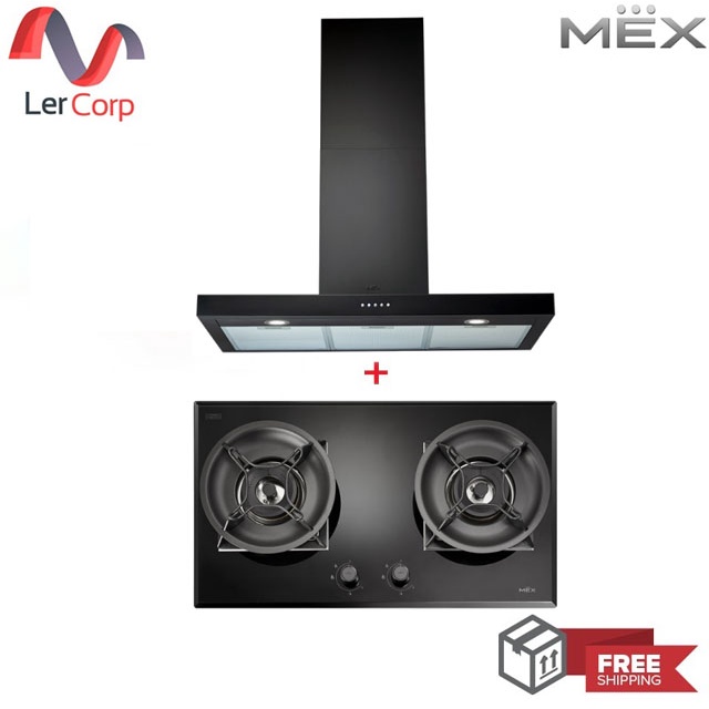 (MEX) เตาแก๊สฐานกระจกนิรภัย 2 หัวแก๊ส รุ่น V7828MHR + เครื่องดูดควันกระโจมทรงกล่อง 90 ซม. รุ่น K633B