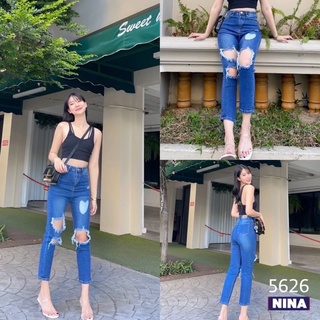 🌟st.f_shop🌟กางเกงยีนส์ NINA ทรงบอยสลิมเอวสูงปรี๊ด ผ้ายืด แต่งขาดหน้า เท่ห์ ๆ ฟอกสีเข้ม งานใส่สบาย 5626