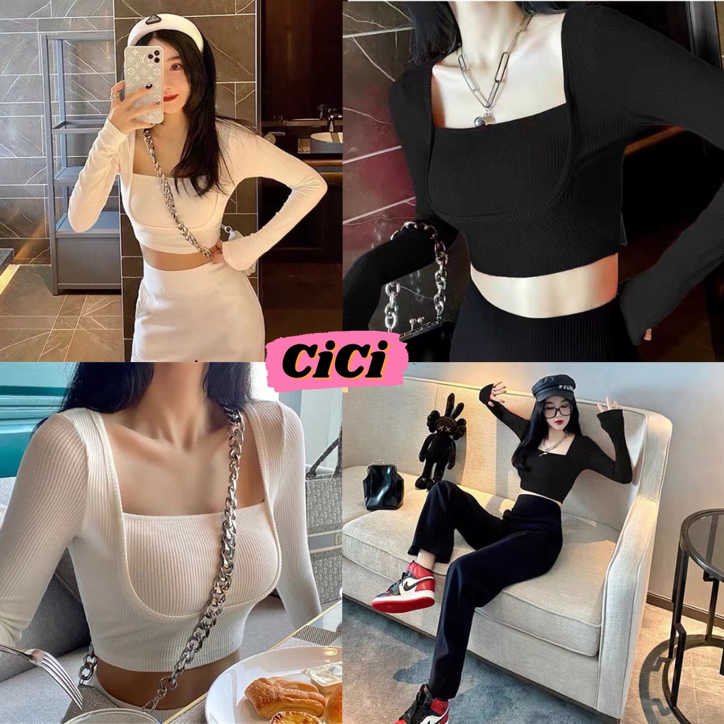 ส่งทันที Cici(NO. 8589)เสื้อท็อปไหมพรมแขนยาวคอเหลี่ยม ใส่แล้วคอดูยาวระหงส์ มีลูกเล่นด้านหน้า แมชกับอะไรก็สวย