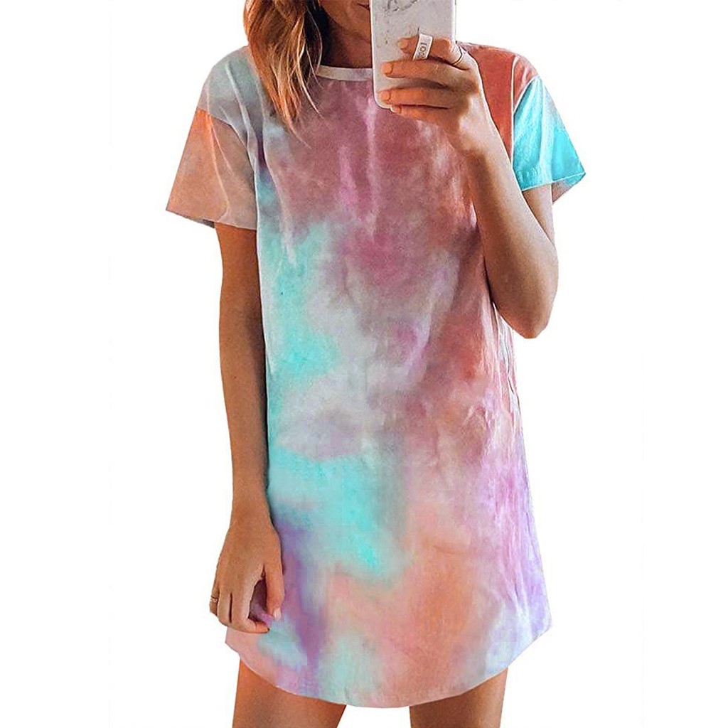 Baybeey.Women Tie-Dye Pajamas Short Sleeve Sleepwear Casual Nightgown ...