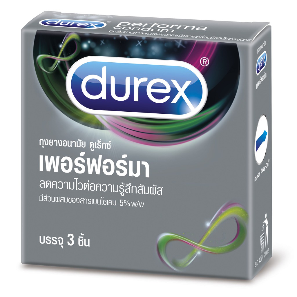 ถุงยางอนามัย Durex Performa " ดูเร็กซ์ เพอร์ฟอร์มา " ผิวเรียบ ชะลอหลั่ง ขนาด 52.5 มม.