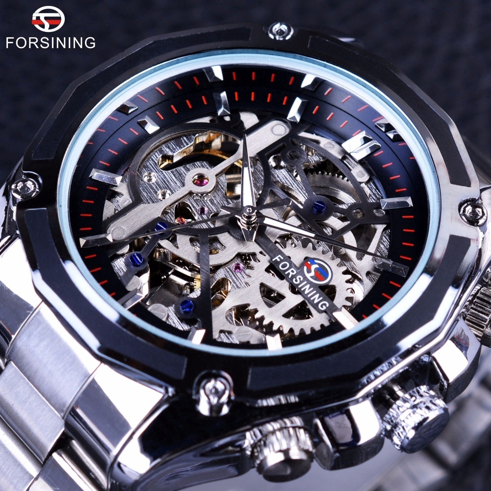 Forsining Mechanical Steampunk Design Business Men Watch สแตนเลสนาฬิกาโครงกระดูกอัตโนมัติ