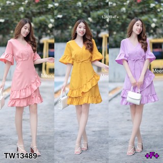 J13489 Dress เดรสสั้น คอวี แขนระบาย จับจีบทวิทใต้อก ชายแต่งระบาย