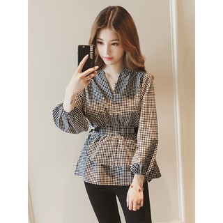 【โค้ด GLAM30 ลด 30%】Korean Women Plaid Long Sleeve Shirt