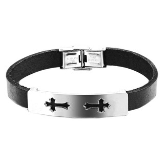 TANITTgems สร้อยข้อมือหนังแท้แต่ง Stainless steel ลายกางเขน - Black#741