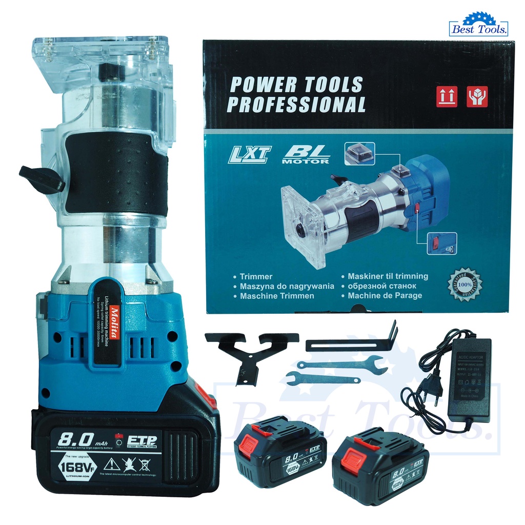 MOLITA เครื่องเซาะร่องไร้สาย 168V เร้าเตอร์ ทริมเมอร์ไร้สาย 1/4 แบตเตอรี่ อย่างดี 2ก้อน เจาะ เซาะ ฉลุ งานไม้