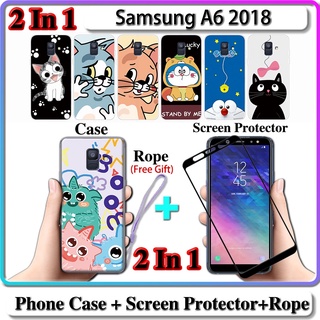 2 IN 1 เคส Samsung A6 2018 เคส พร้อมกระจกนิรภัยโค้ง ป้องกันหน้าจอ เซรามิค ลายแมว และโดราเอมอน