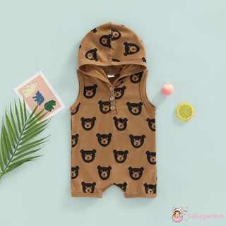 BABYGARDEN-0-18months Baby Boy Hooded Romper, Sleeveless Cartoon Bear Printed One Piece Jumpsuit