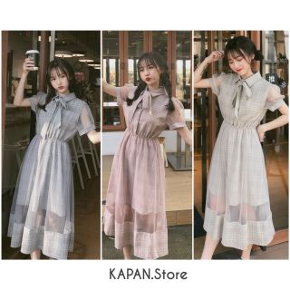 KAPAN 🌸พร้อมส่ง🌸 เดรส จั๊มเอว คอปกผูกโบว์ ลายสก็อต แต่งซีทรู มีไซส์M,L มี3สี เทา,ชมพู,เบจ น่ารักมาก KP143