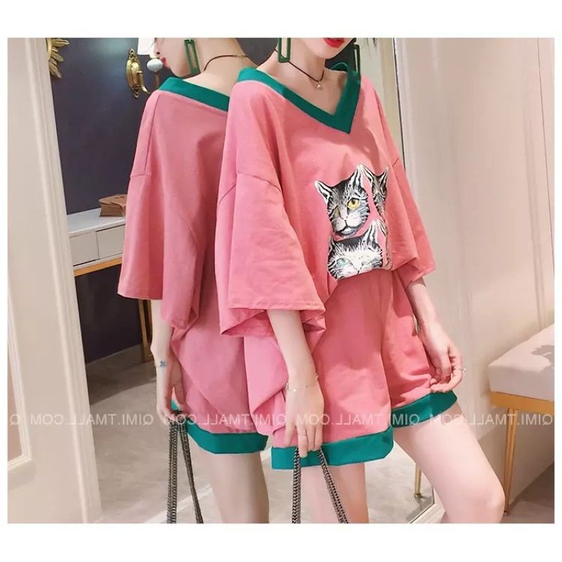 510# ชุดเซต 2 ชิ้น เสื้อสาวอวบ ไซส์ใหญ่ เสื้อยืดคอVแขนสั้น ผู้หญิงในใหม่วิ่งหญิงสปริงสันทนาการกีฬาชุดสูทสองชิ้น ราคาถูก