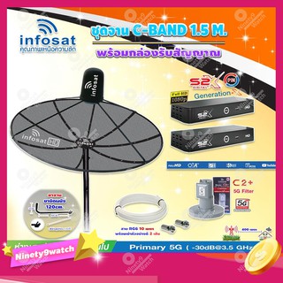 Infosat C-Band 1.5เมตร(ขางอยึดผนัง 120 cm.Infosat)+LNB C2+(ป้องกันสัญญาณ 5G)+กล่อง PSI S2 X 2 กล่อง+สายRG6ตามชุด 2เส้น