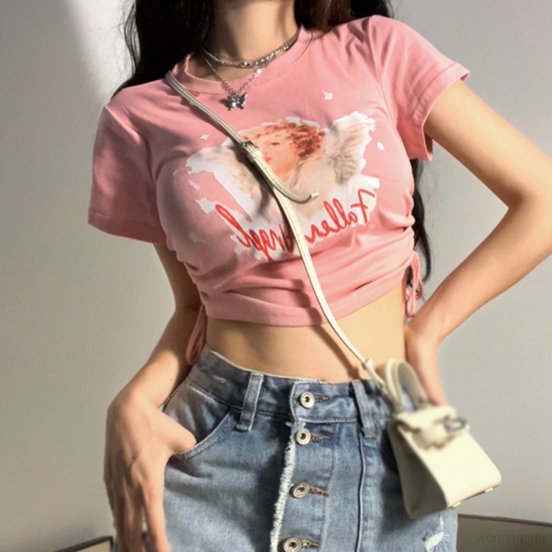 เสื้อยืดครอปท็อป ตัวสั้น พิมพ์ลายการ์ตูน แฟชั่นสไตล์เกาหลี สําหรับผู้หญิง