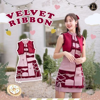 BLT BRAND การันตีเสื้อผ้าแบรนด์แท้ มินิเดรสแขนกุดสีชมพู ตัดแดง VELVET RIBBON