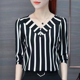 【COD,จุด】เสื้อเชิ้ตแขน 3/4 ลายทาง แฟชั่นชั้นนำ