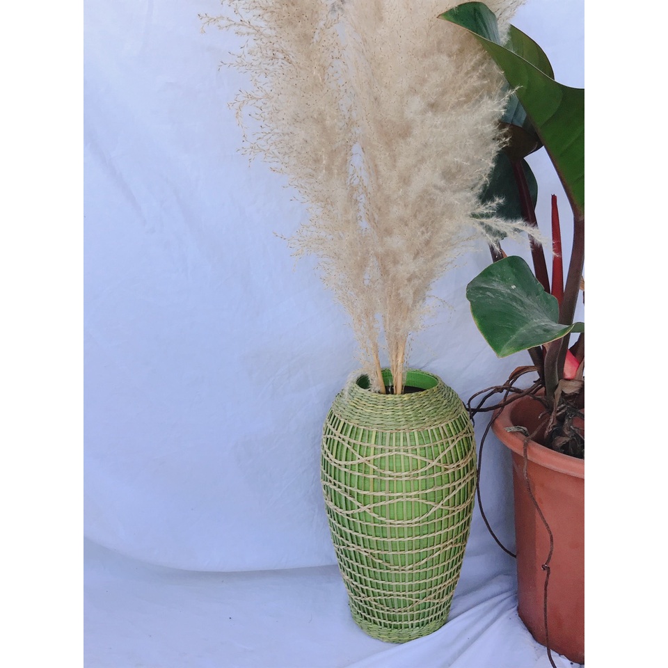 แจกันทําจากไม้ไผ่และกกทอรอบสําหรับตกแต่งสไตล์วินเทจไม่ซ้ําใคร Size D Mouth10* H34cm