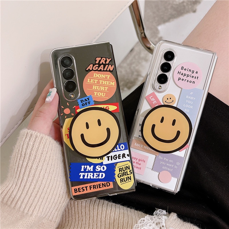 INS เคสฉลากยิ้มน่ารัก Samsung Galaxy Z Fold 3 Z Fold3 ZFold กันกระแทก Fold3 5G โปร่งใสพร้อมขาตั้งเคส